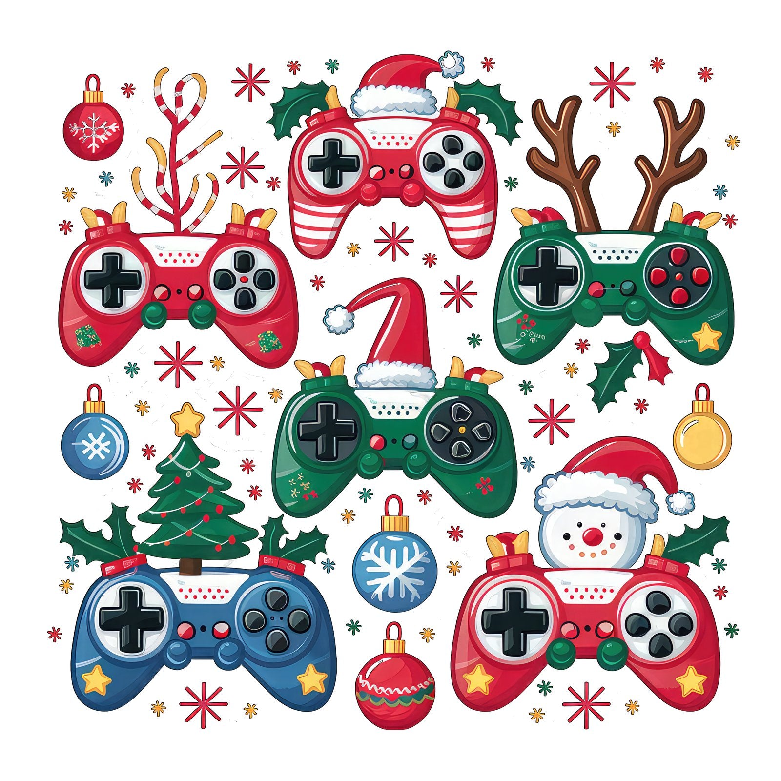 Pattern of Christmas themed game controllers with Santa hats, antlers and ornaments.
