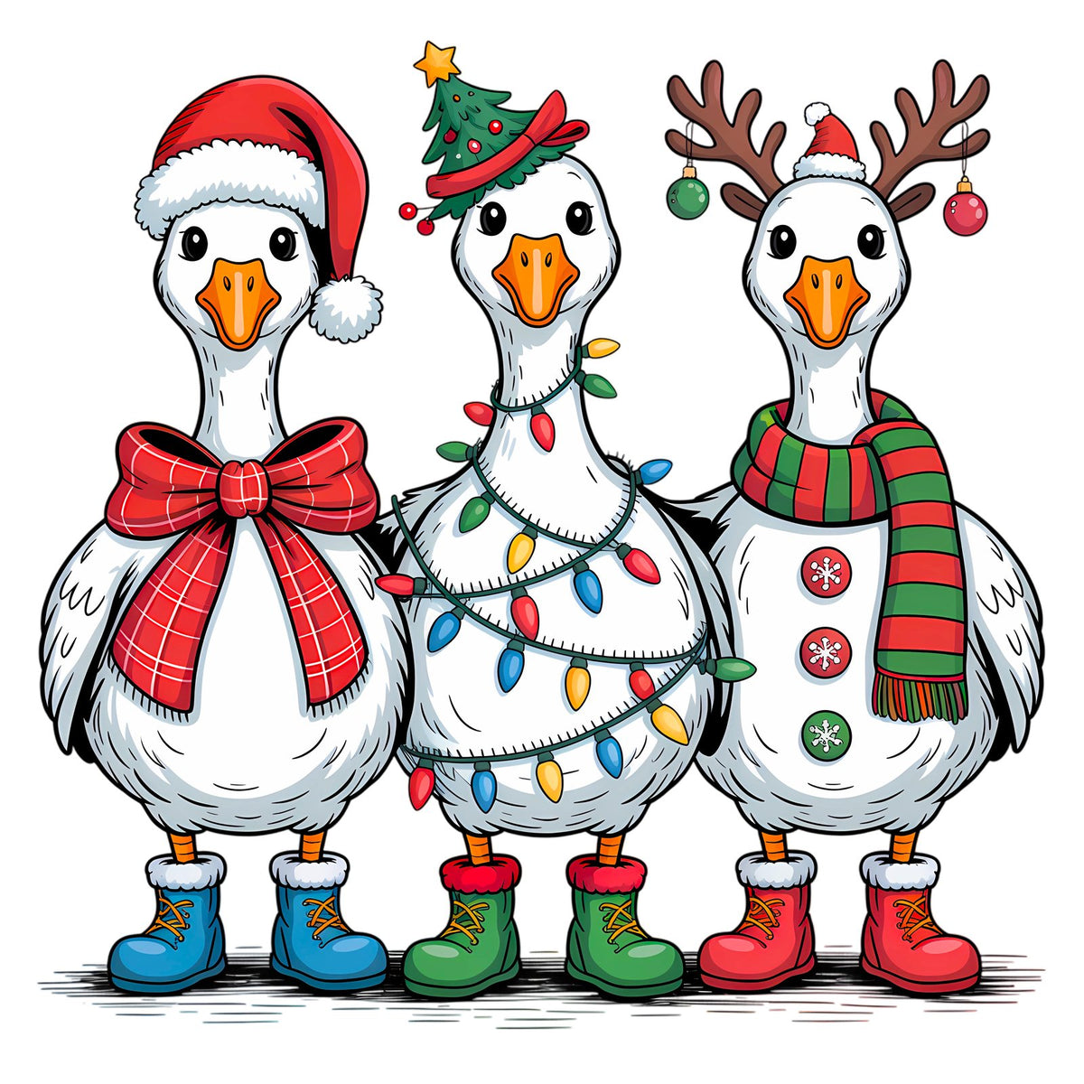 Three white geese in Christmas hats, scarves, lights and coloured boots.