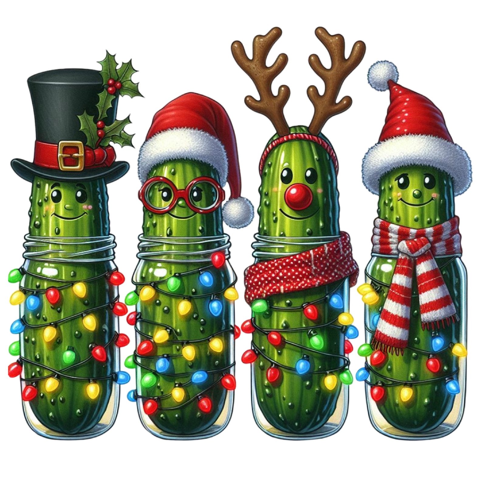 Four pickle jars decorated with Christmas lights, hats, antlers and scarves.