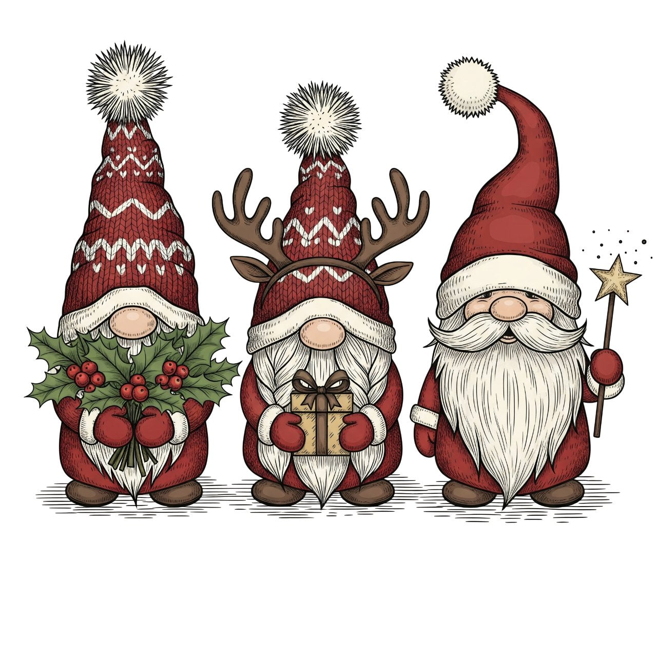 Three Christmas gnomes in red knit hats holding holly, a gift and a star wand.