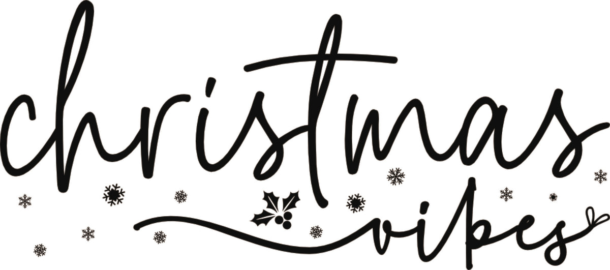 Christmas Vibes DTF transfer with script lettering and holly accent, available in black text.
