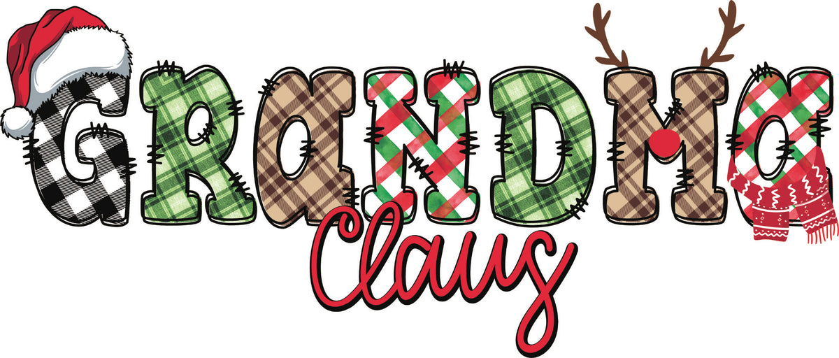 Claus themed DTF transfer with plaid and candy cane lettering, Santa hat, reindeer antlers and family variations featuring Grandma.