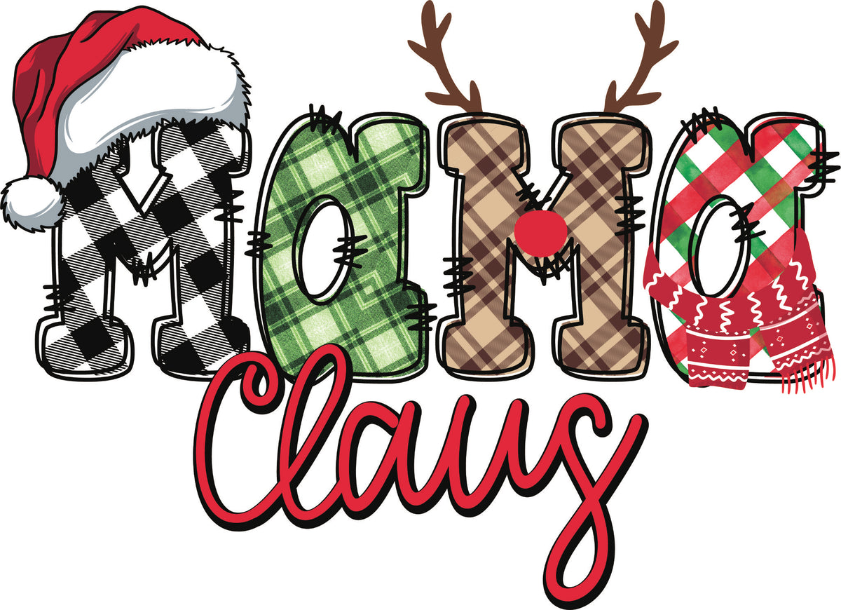 Claus themed DTF transfer with plaid and candy cane lettering, Santa hat, reindeer antlers and family variations featuring Mama