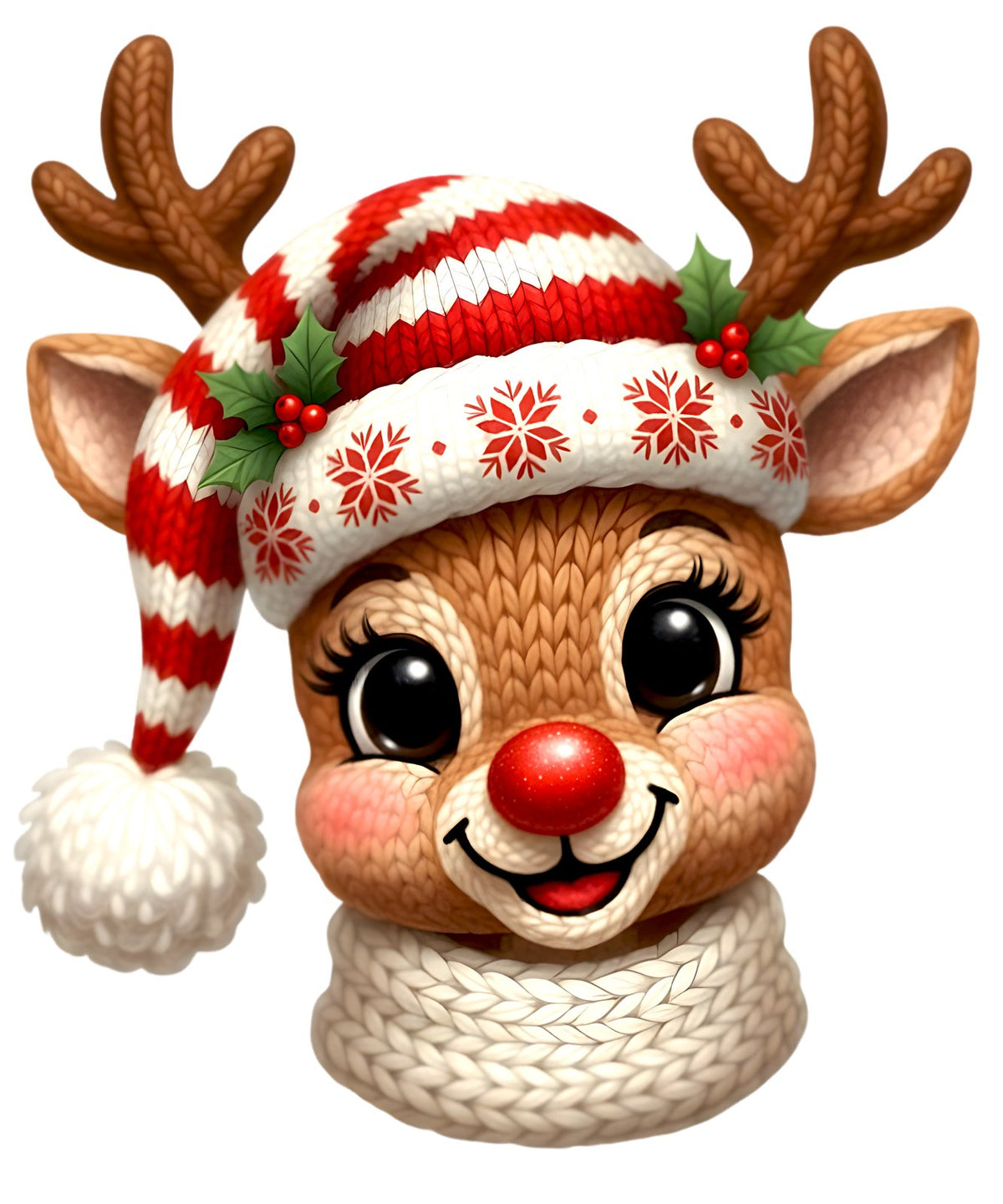 Knit-texture reindeer with a red nose, striped knit hat and cream scarf.