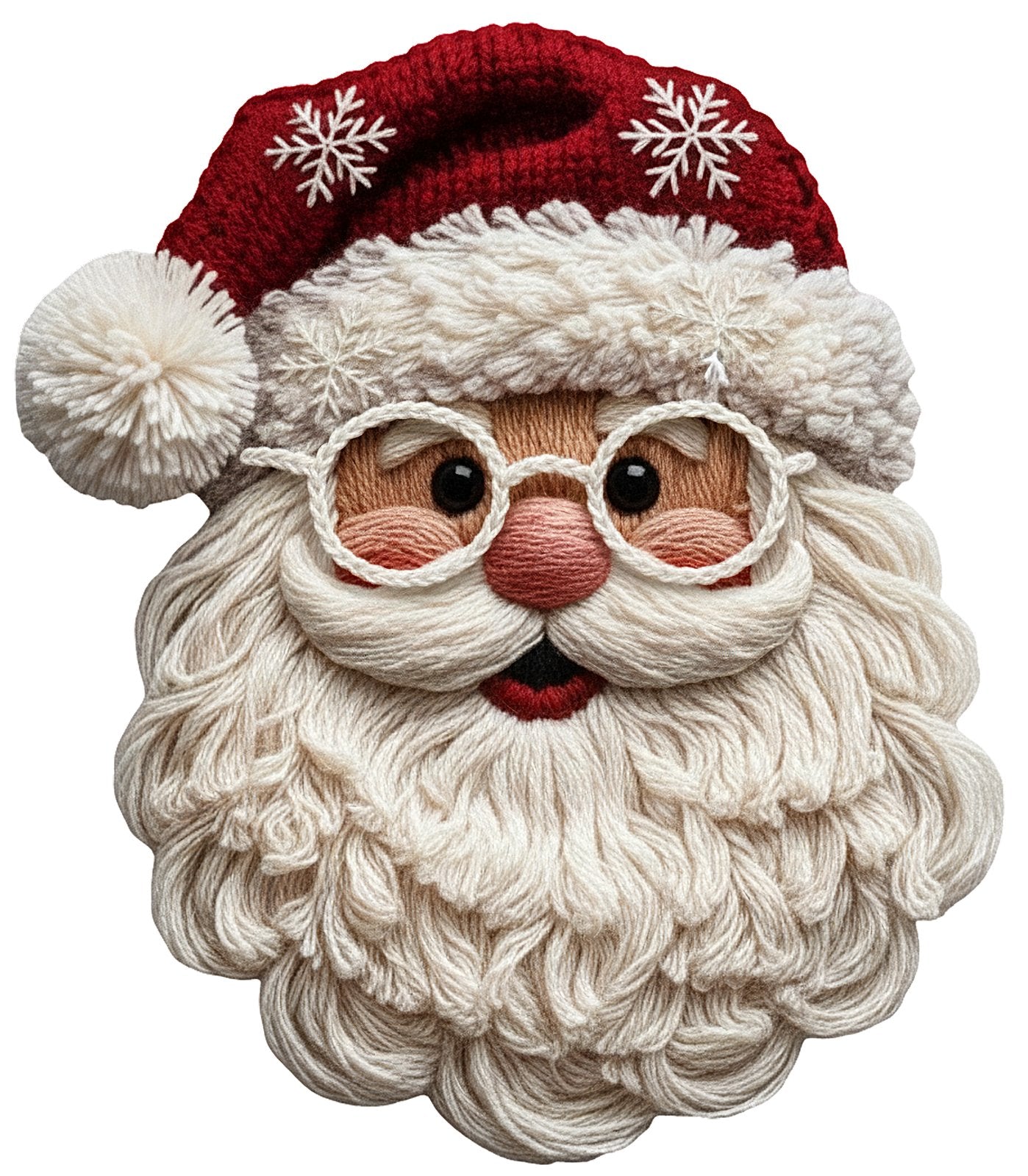 Santa face with a crochet yarn texture, knit red hat and round glasses.