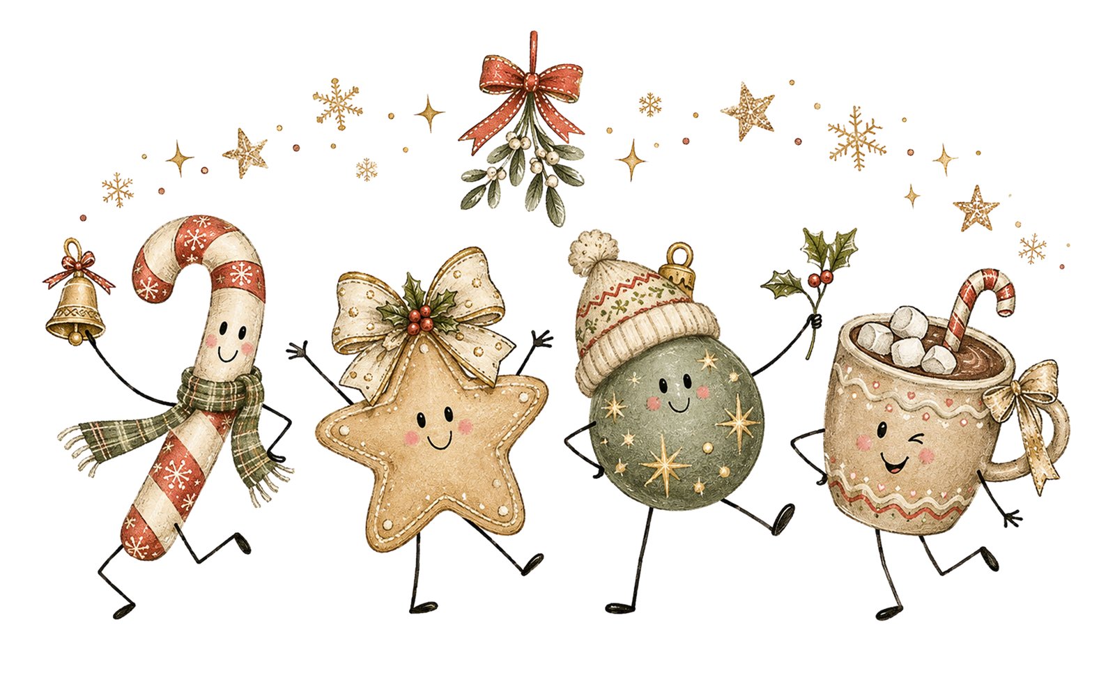 Smiling candy cane, star cookie, ornament and cocoa mug characters dancing under mistletoe.