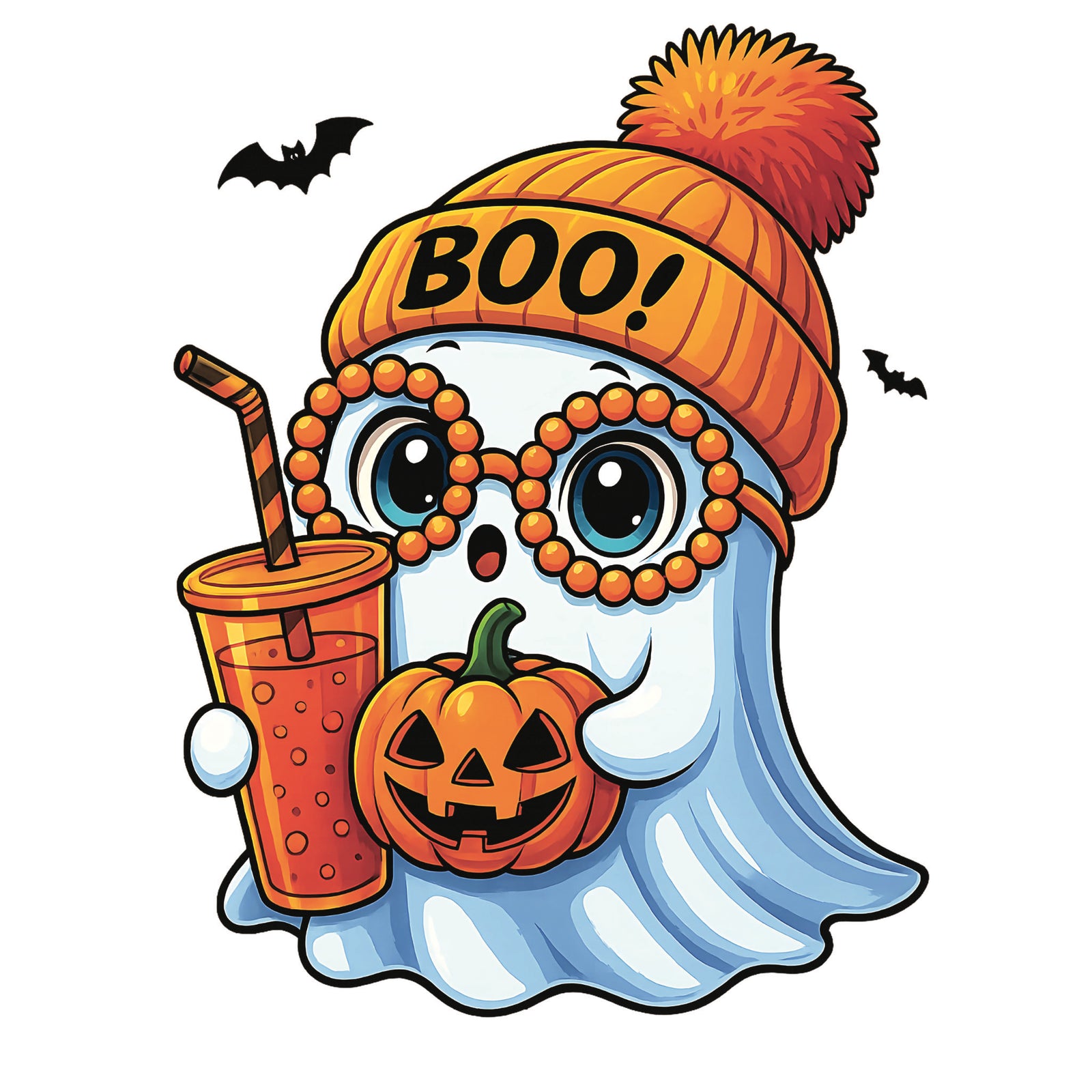 Cute Halloween ghost wearing an orange beanie and glasses holding a pumpkin and drink with bats in the background.