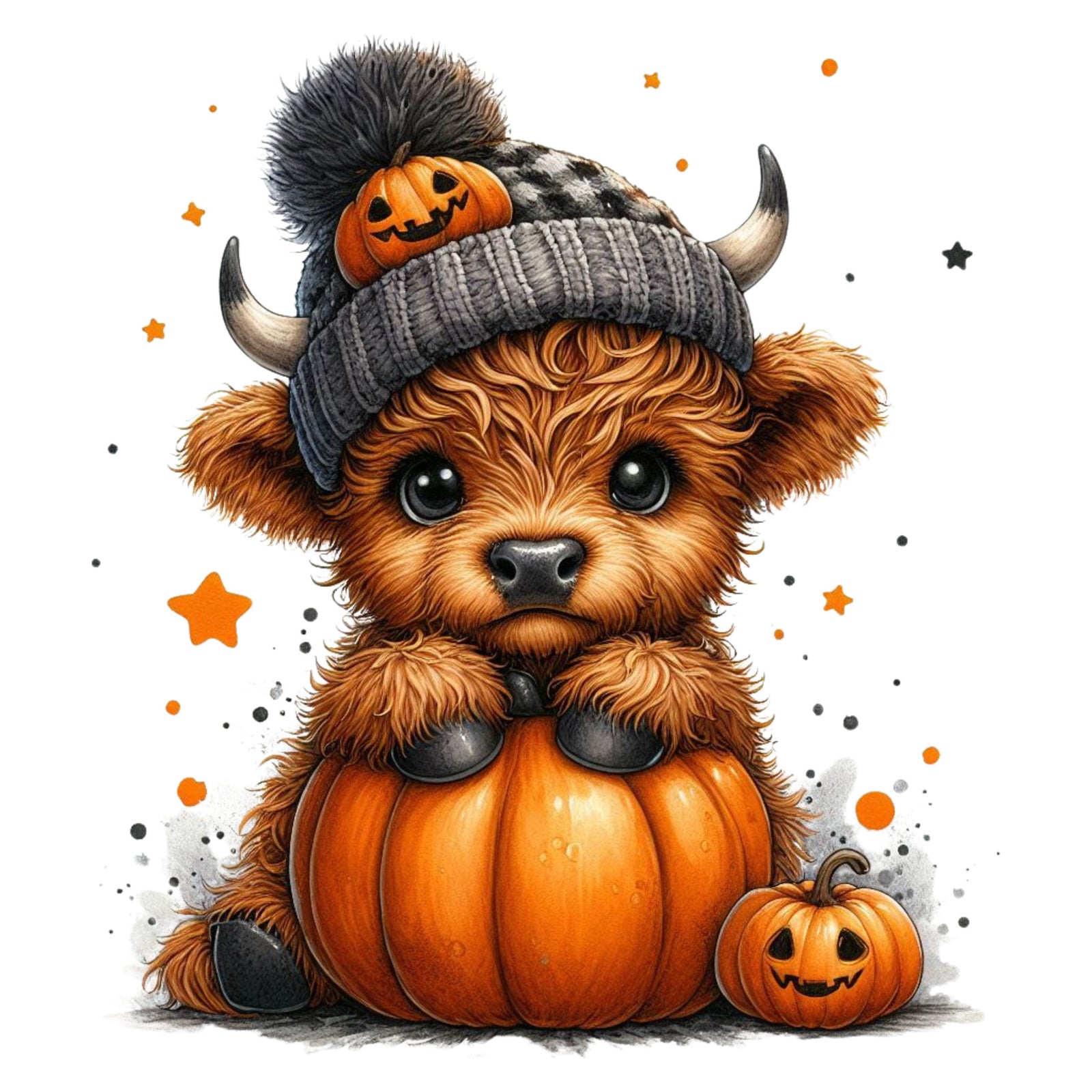 Cute highland cow wearing a grey knit toque with a pumpkin design, sitting inside an orange pumpkin surrounded by small halloween pumpkins and stars.