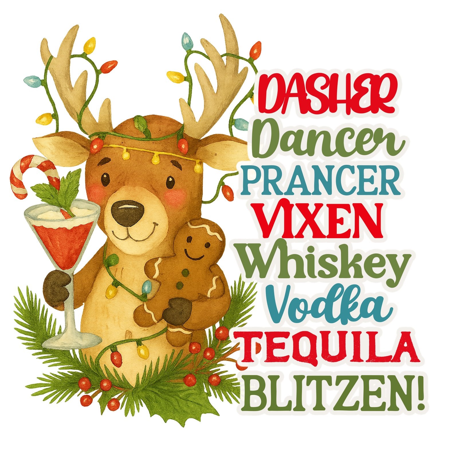 Reindeer holding a cocktail beside colourful text listing reindeer names mixed with Whiskey, Vodka and Tequila.