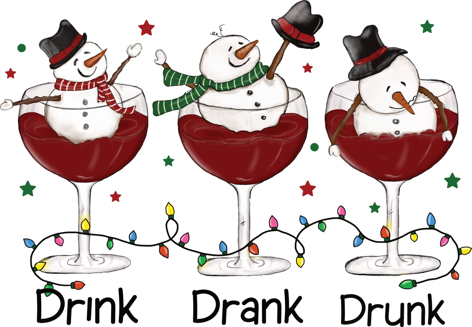 Three snowmen in red wine glasses labelled Drink, Drank, Drunk with Christmas lights.