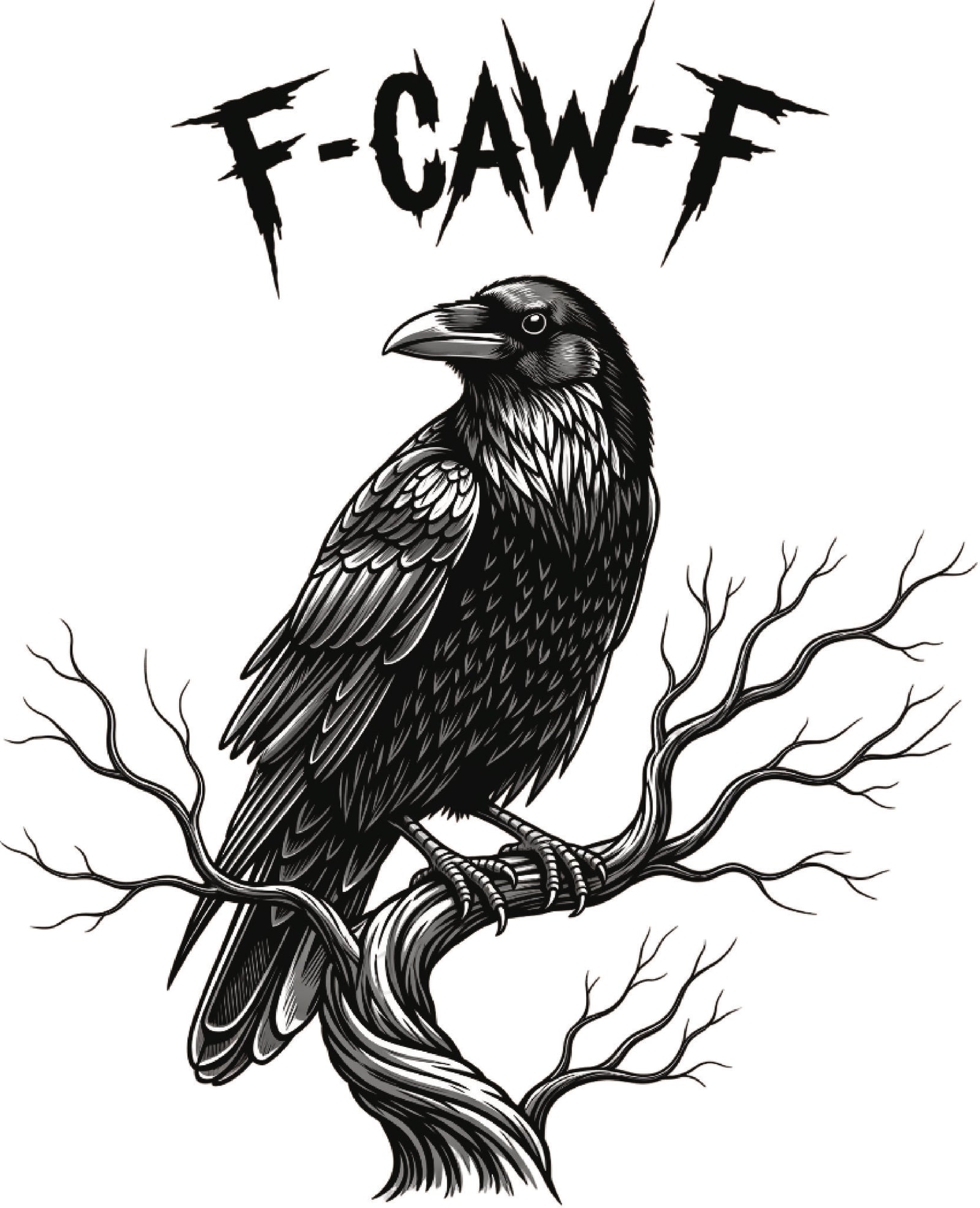 DTF transfer of a black raven perched on a twisted branch with the phrase 'F-Caw-F' in distressed lettering above.