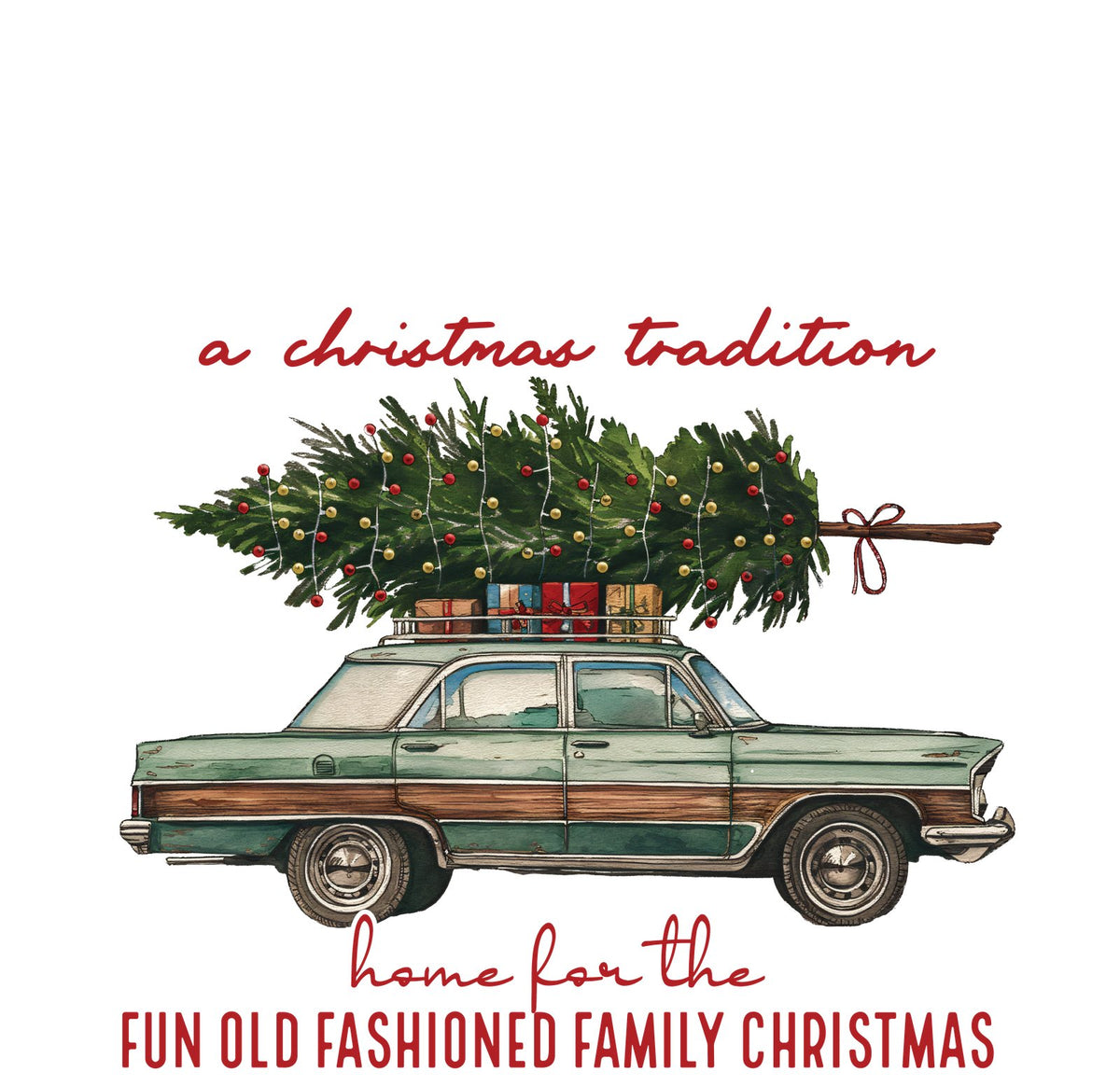 Vintage wood-panel station wagon carrying a Christmas tree with retro tree farm lettering.