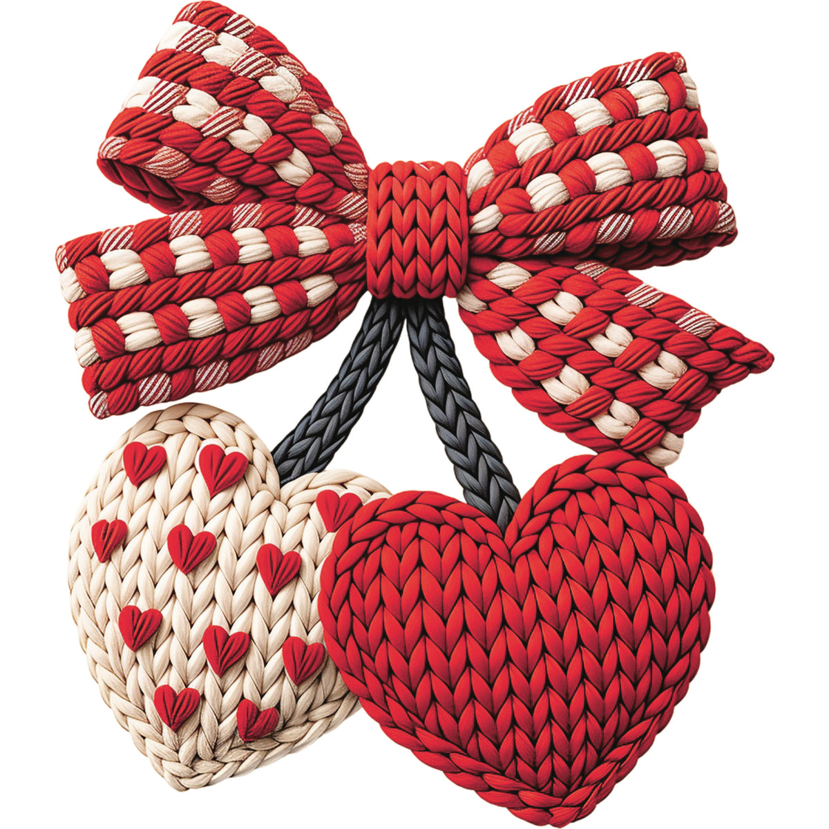Two knitted style hearts, one red and one cream with small red hearts, tied together to remember cherries with a red bow.