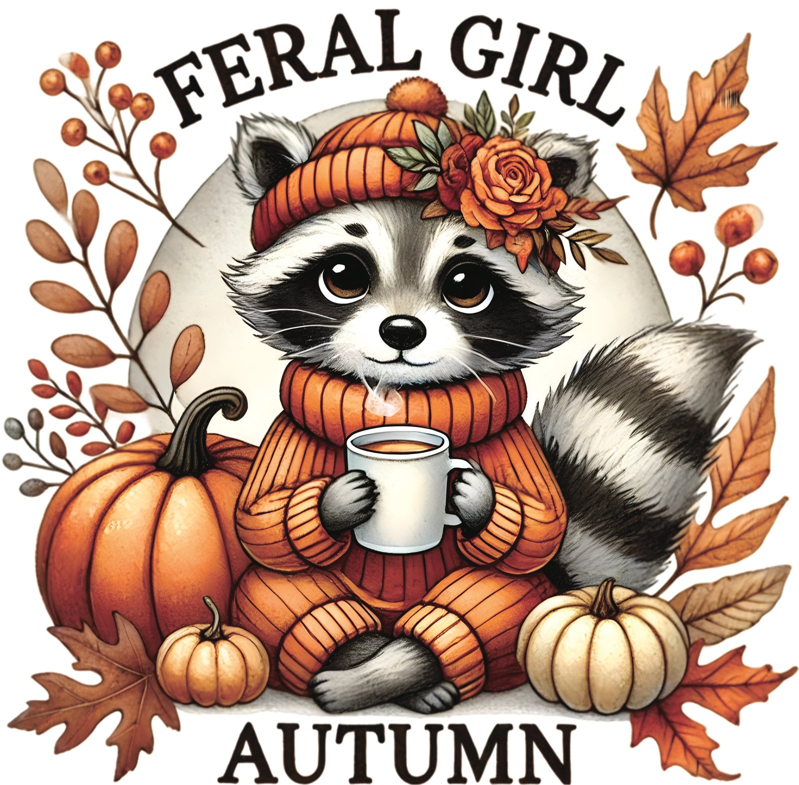 A watercolor-style graphic featuring a cute raccoon wearing an orange beanie and matching sweater, holding a mug. The raccoon is sitting amidst various pumpkins and autumn leaves, with the words "FERAL GIRL AUTUMN" arched above it.