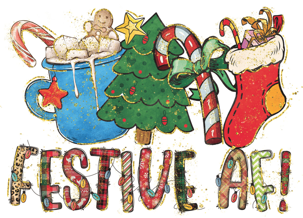 Festive AF DTF transfer with hot cocoa mug, gingerbread cookie, Christmas tree, candy canes and holiday stocking.