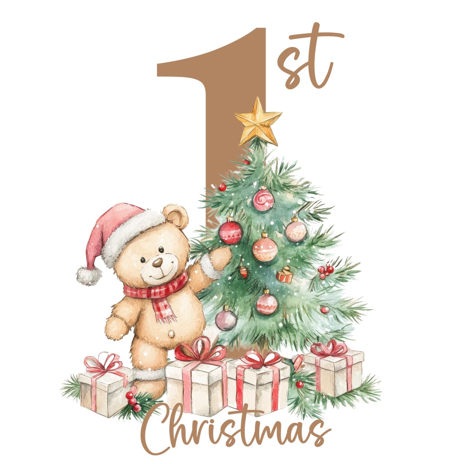 Teddy bear in a Santa hat beside a Christmas tree and gifts with 1st Christmas lettering.