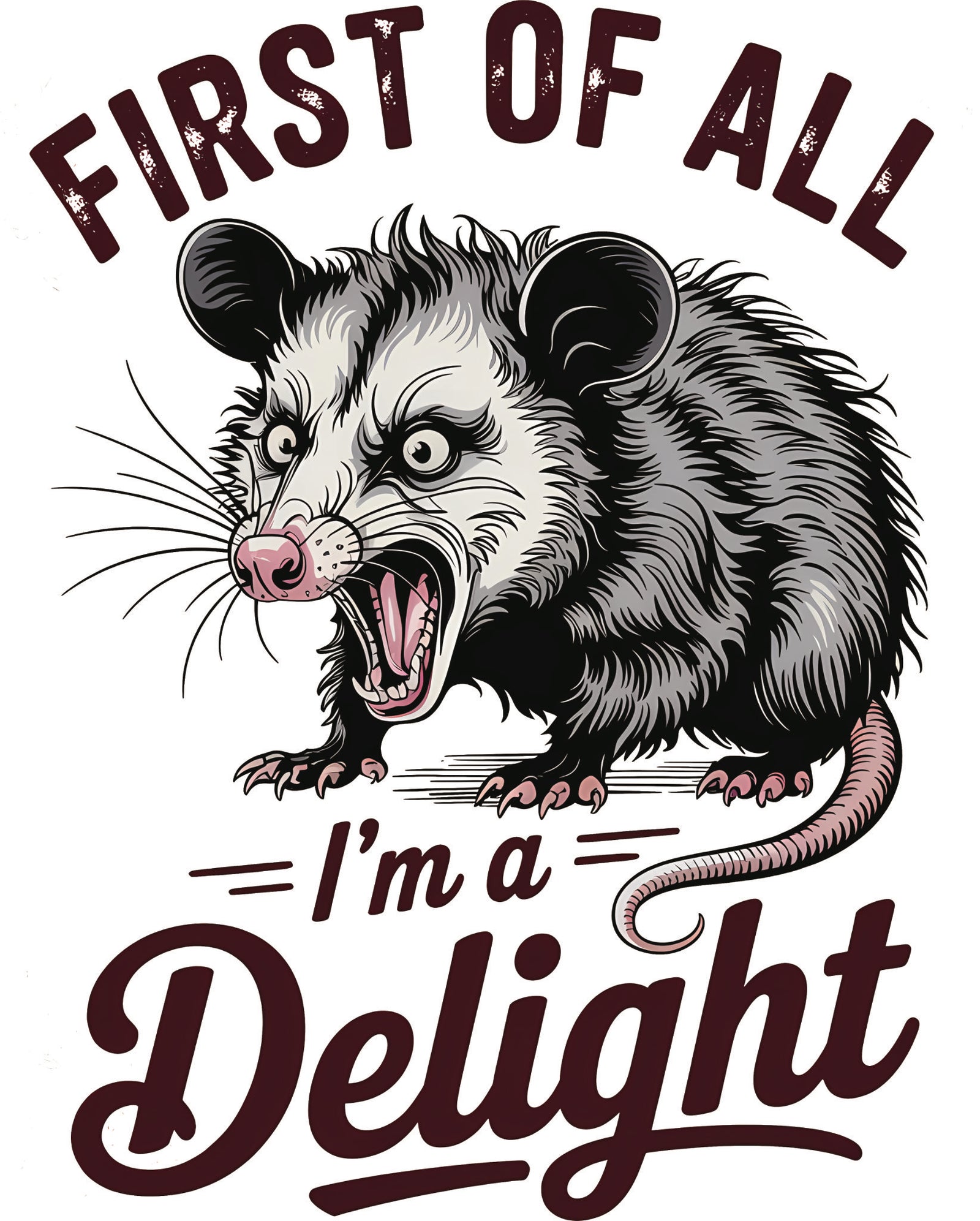 DTF transfer of a snarling possum with the phrase 'First of All I'm a Delight' in bold distressed lettering.
