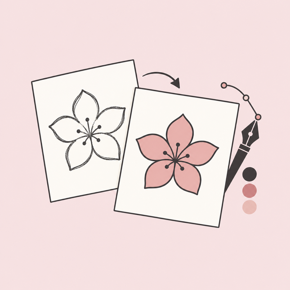Hand-drawn flower sketch redrawn as a clean coloured vector