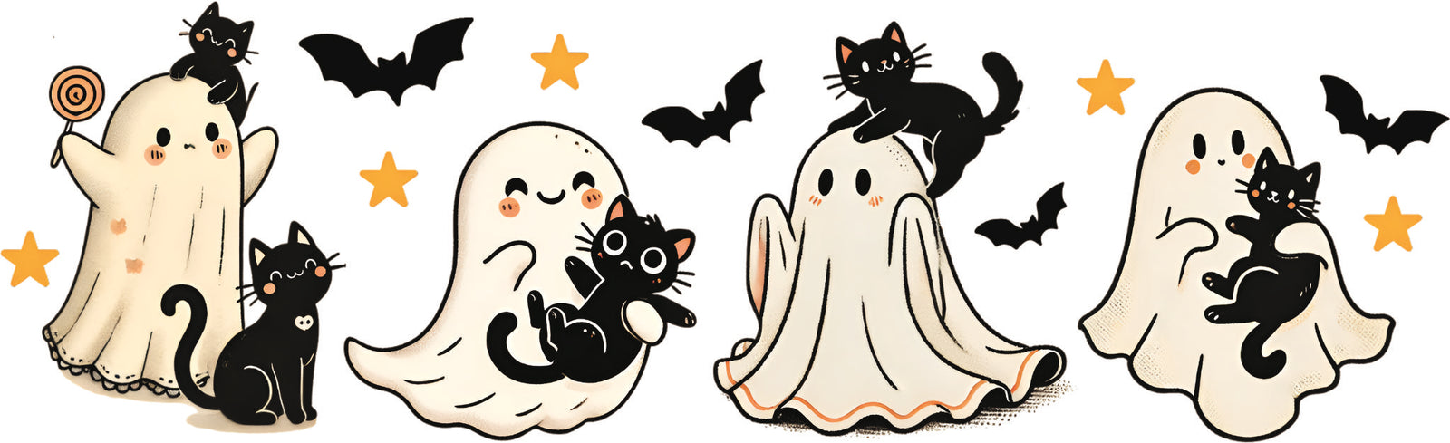 Four cute ghosts with black cats, bats and stars in a soft Halloween themed design.