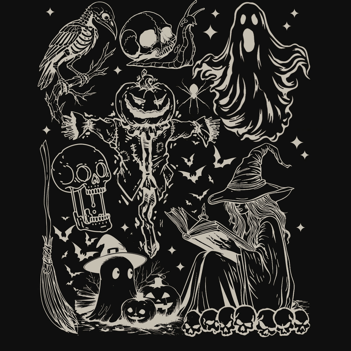 Light grey Halloween DTF design with a witch reading, ghost, skulls, raven, broom and pumpkins in a gothic sketch style.