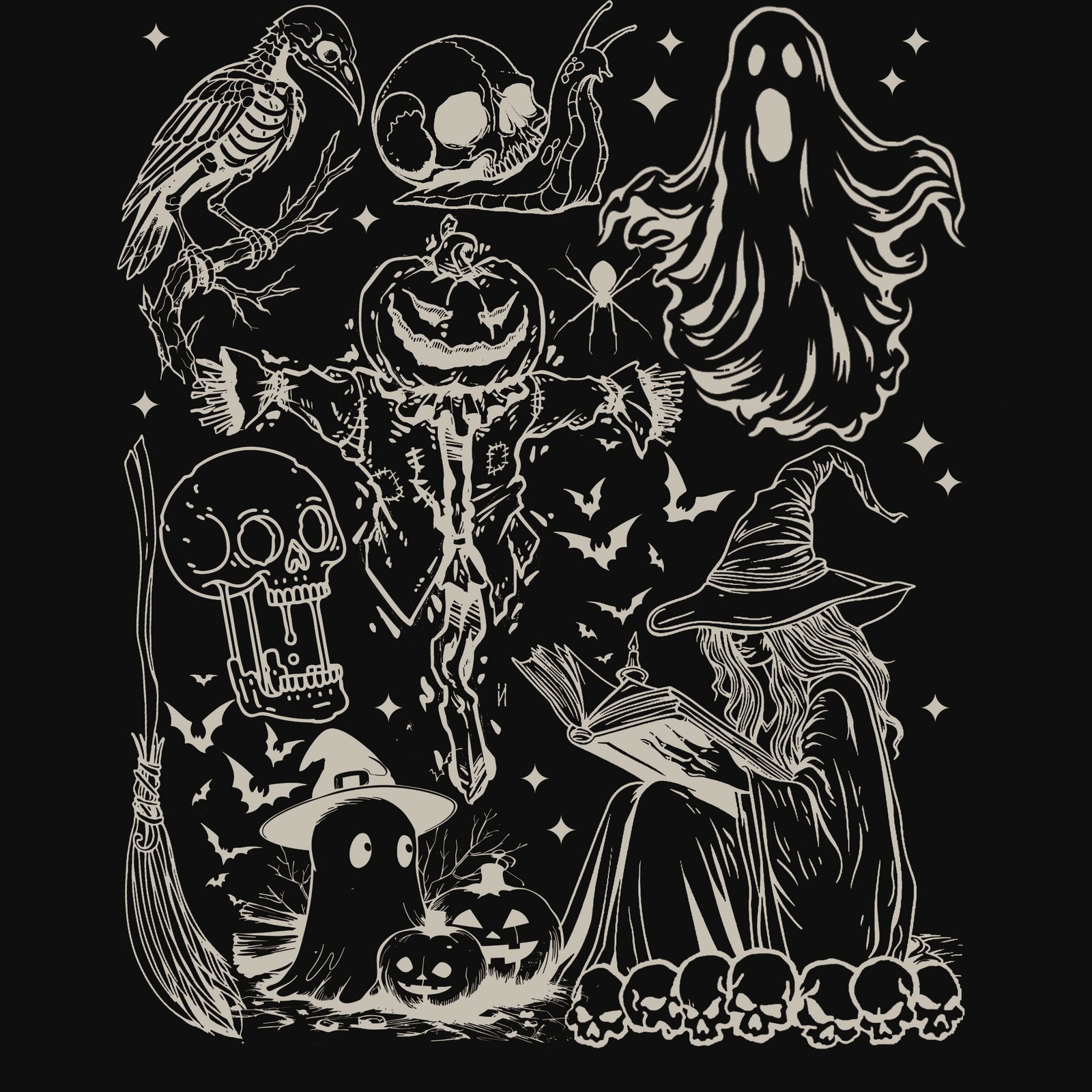 Light grey Halloween DTF design with a witch reading, ghost, skulls, raven, broom and pumpkins in a gothic sketch style.