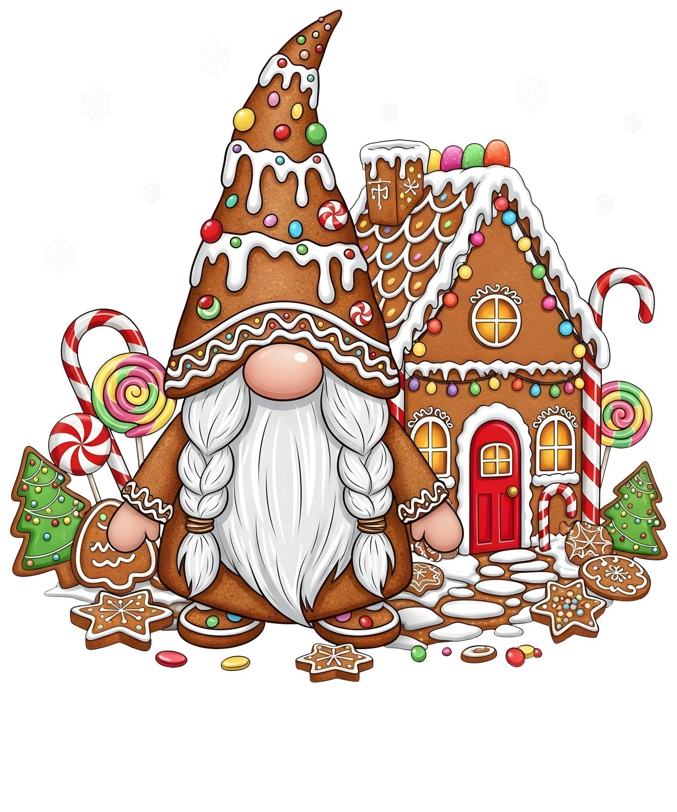 Gingerbread gnome with a long white beard beside a decorated gingerbread house and candy.