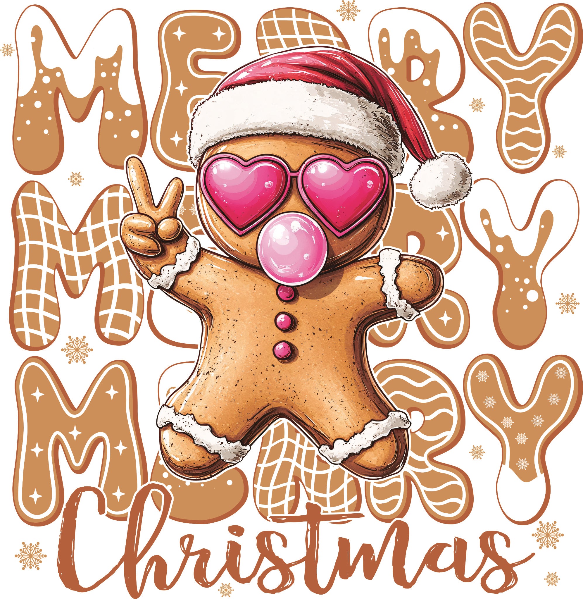 Merry Christmas DTF transfer with gingerbread cookie wearing Santa hat, heart sunglasses, blowing bubblegum and festive cookie lettering.