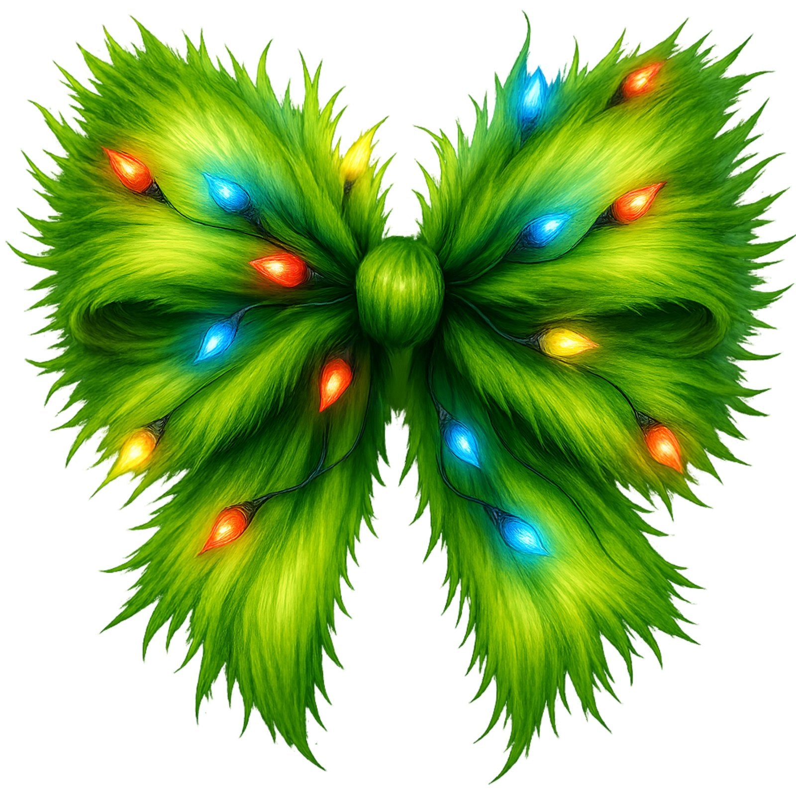 Fluffy green bow wrapped with glowing multicolour Christmas lights.