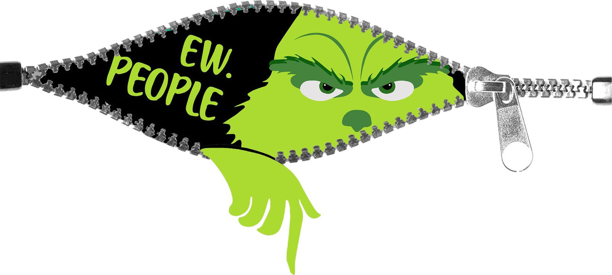 Grumpy green furry face peeking out of an open zipper with Ew. People. text.