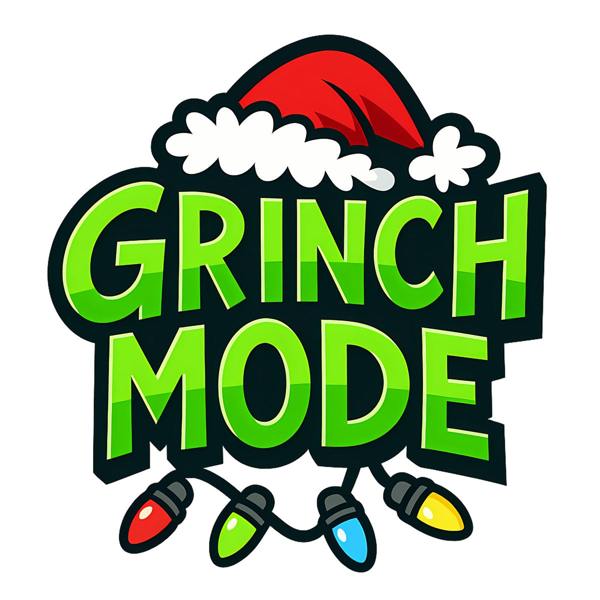 Bright green block lettering with a Santa hat and colourful Christmas lights.