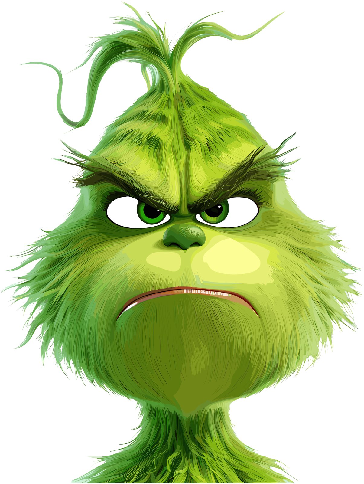 Grumpy green furry character face with furrowed brows and a frown.