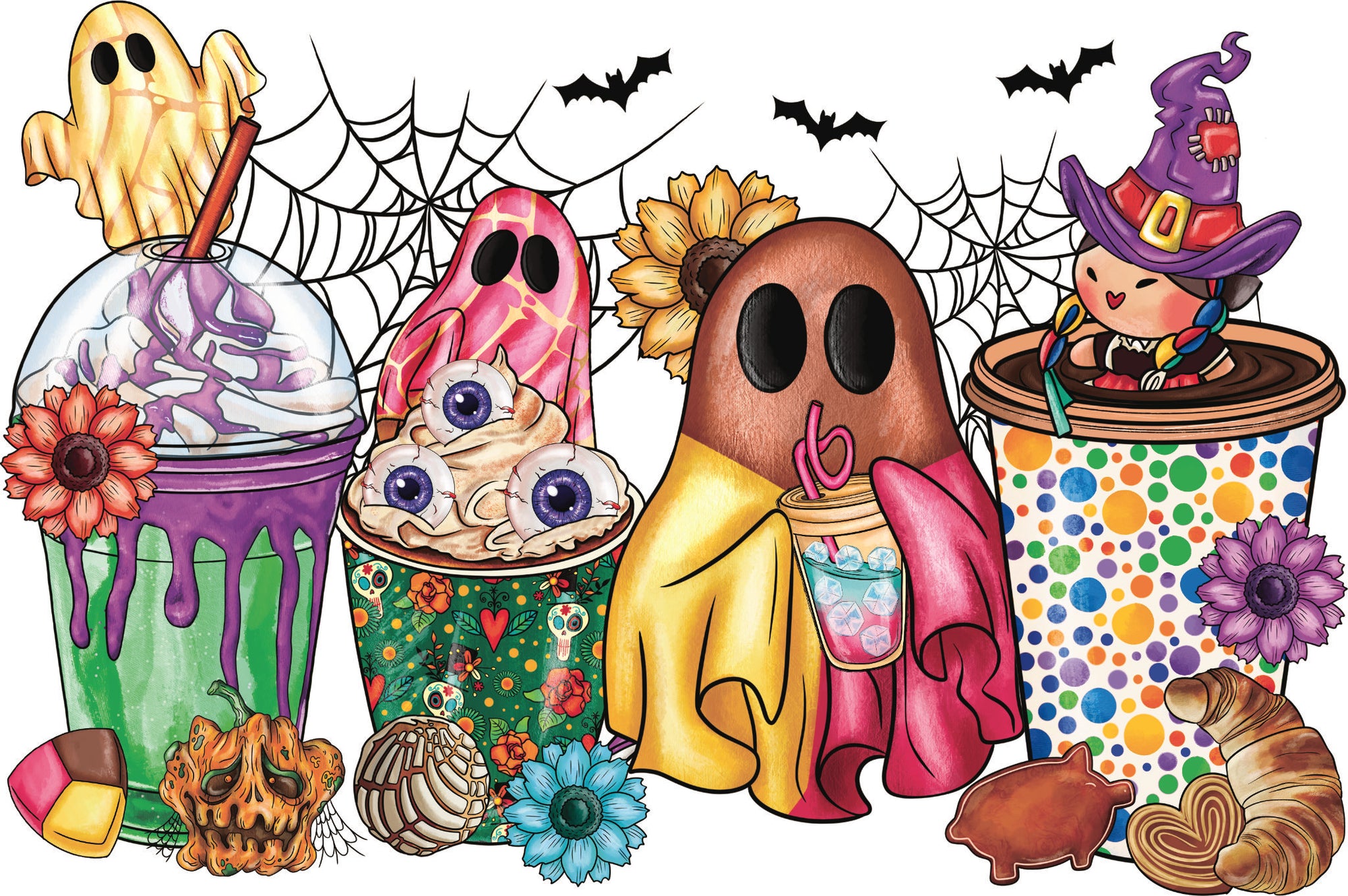 Colourful Halloween DTF design with ghosts in decorated cups, candy, flowers and bats in a fun, spooky theme.