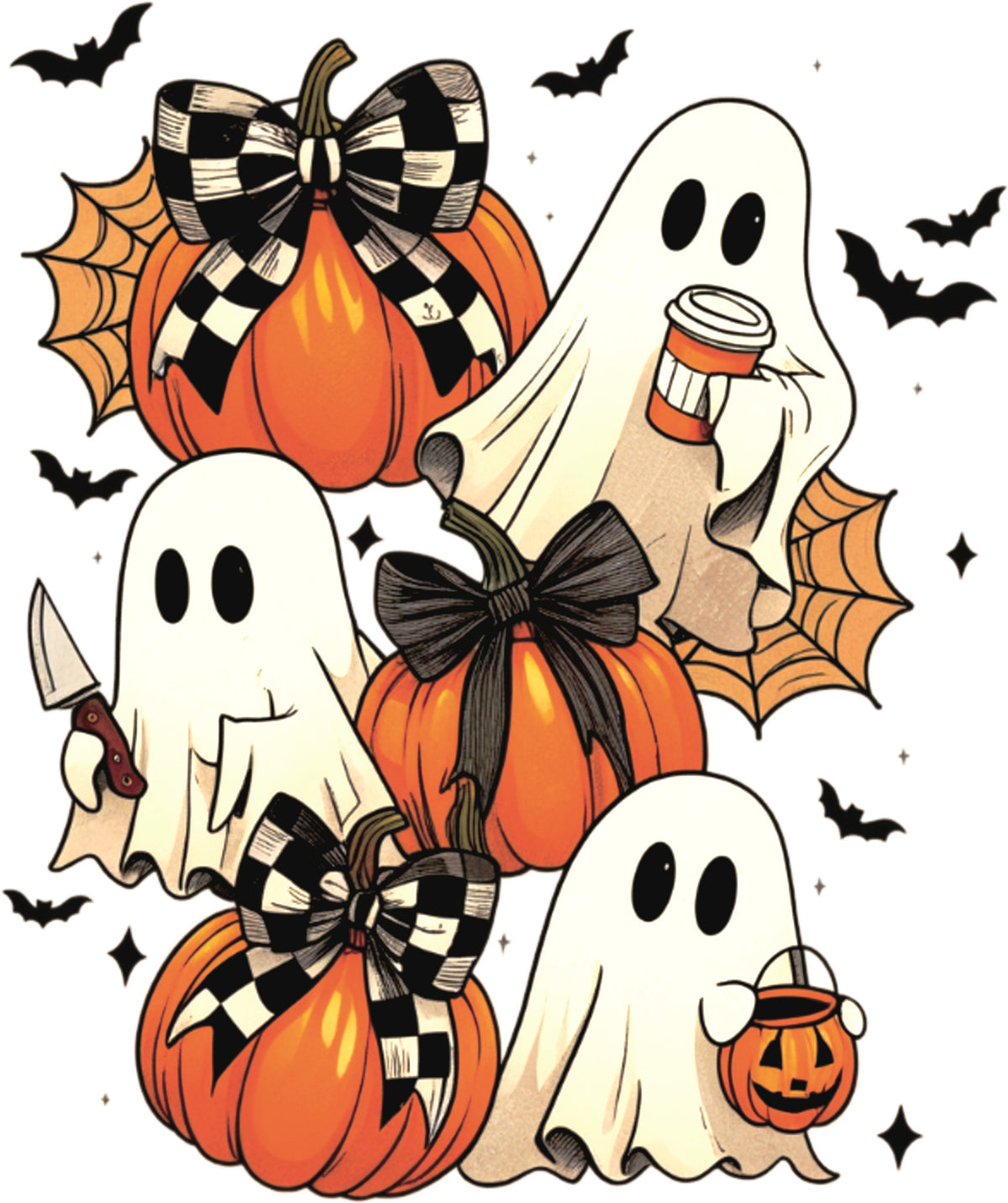 Halloween DTF design with cute ghosts, pumpkins with checkered bows, coffee cups, bats and cobwebs in warm fall tones.