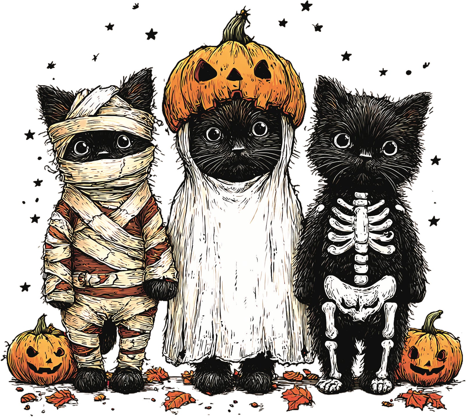 Three cute black cates dressed as a mummy, ghost and skeleton with pumpkins and stars in a Halloween themed DTF design.