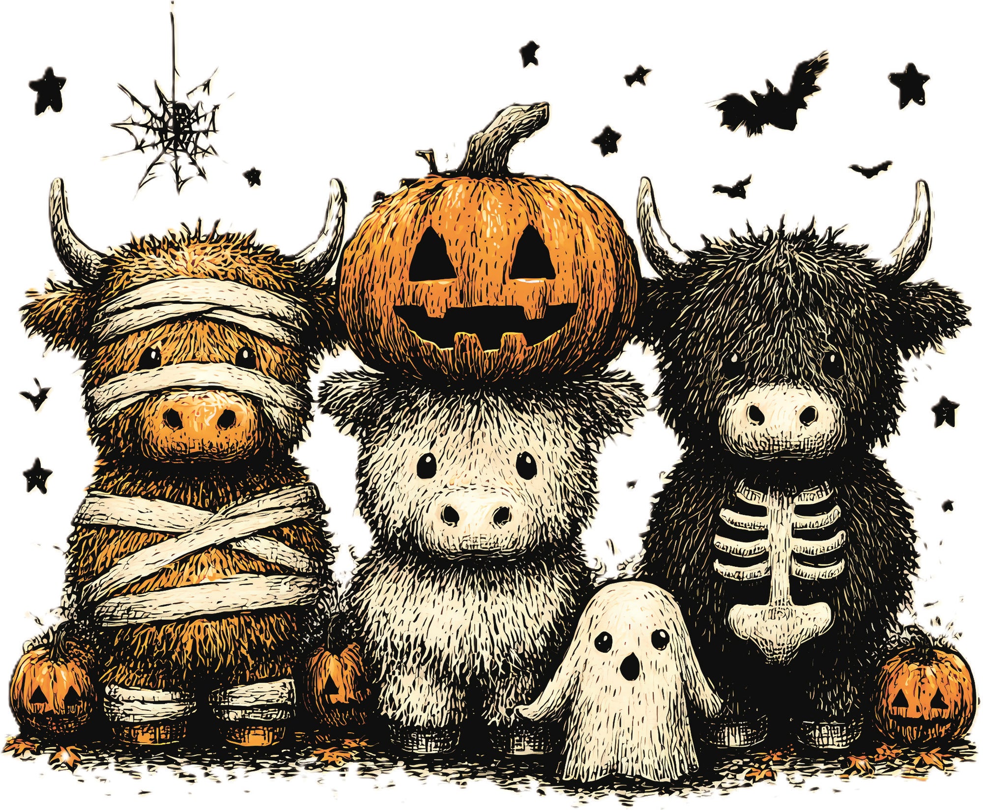 Halloween DTF design with four highland cows dressed as a mummy, pumpkin head, ghost and skeleton surrounded by bats and stars.