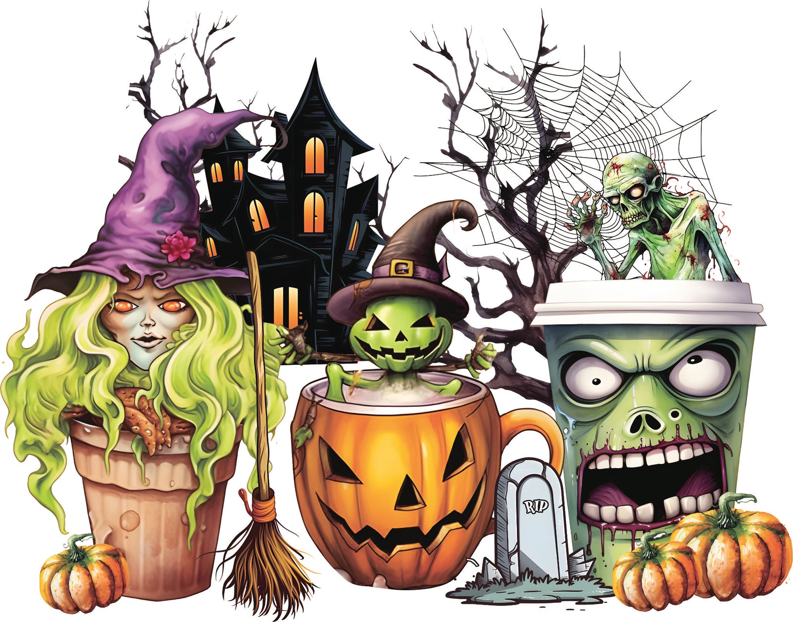Halloween DTF design with witch, pumpkin, zombie, haunted house, trees and pumpkins in a spooky, colourful scene.