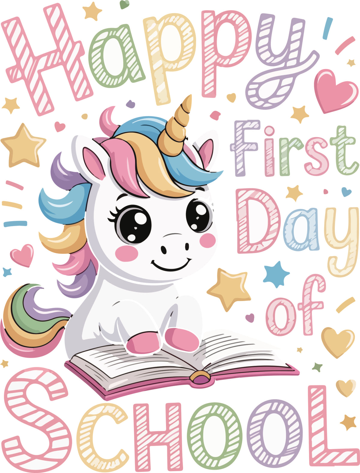 Happy First Day of School DTF transfer with cute rainbow unicorn, pastel lettering, stars and hearts.