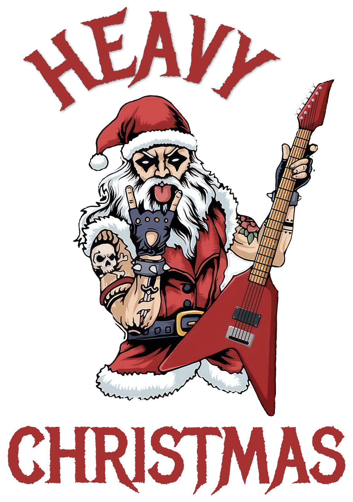 Rocker Santa with tattoos and a red electric guitar with Heavy Christmas lettering.