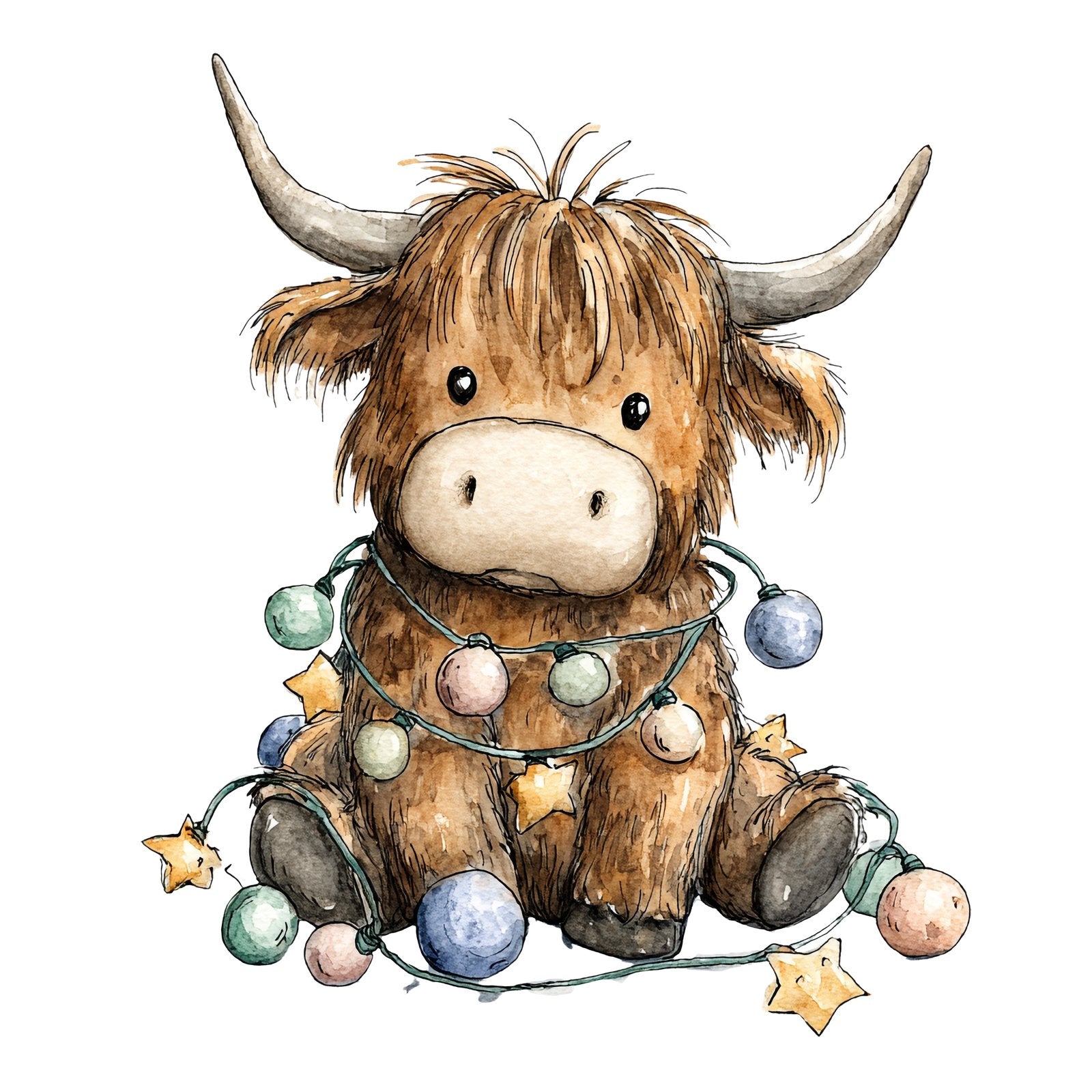 Watercolour Highland cow calf sitting with pastel Christmas lights and stars around it.