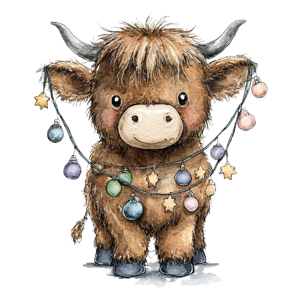Watercolour Highland cow calf standing with pastel Christmas lights and stars draped over it.