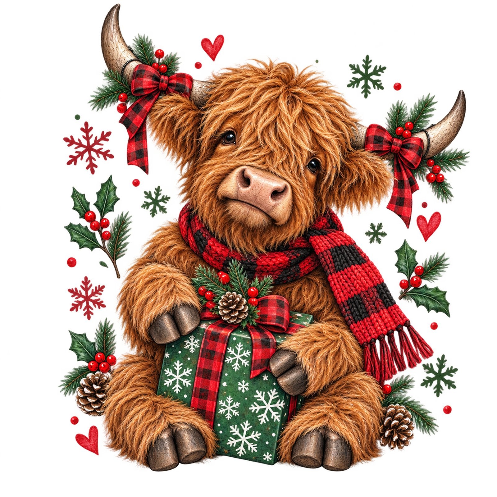 Fluffy Highland cow calf in a plaid scarf holding a green Christmas gift with holly.