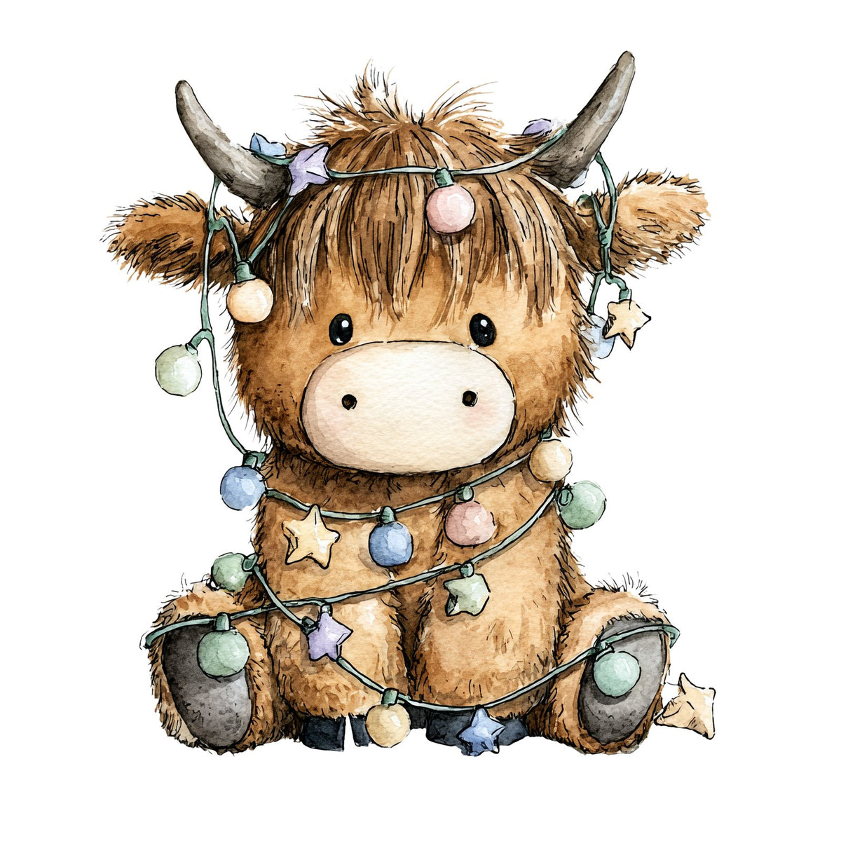 Watercolour Highland cow calf with pastel Christmas lights wrapped around its horns and body.