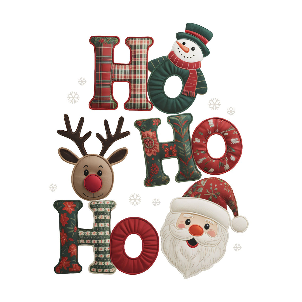 Ho Ho Ho in patchwork fabric letters with a snowman, reindeer and Santa.