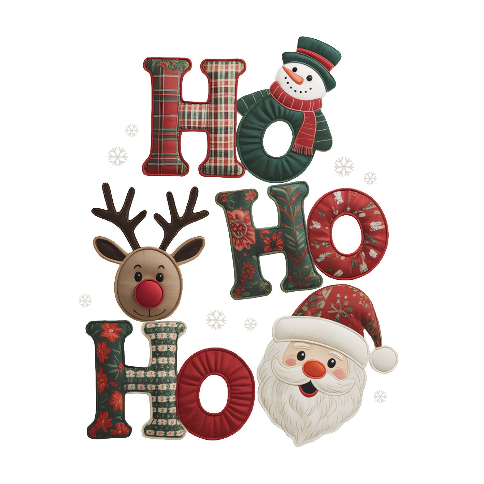 Ho Ho Ho in patchwork fabric letters with a snowman, reindeer and Santa.
