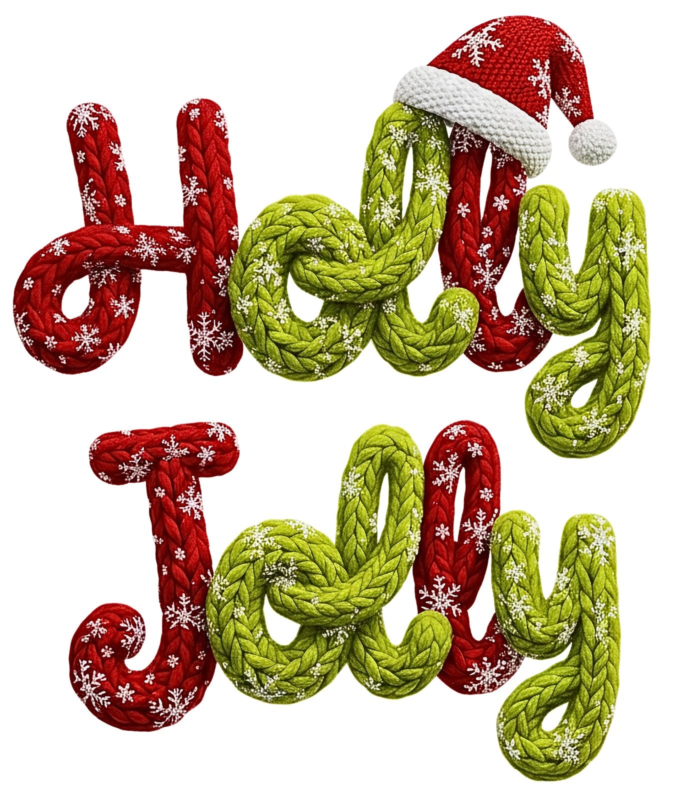 Holly Jolly in chunky red and green knit-texture letters with a Santa hat.