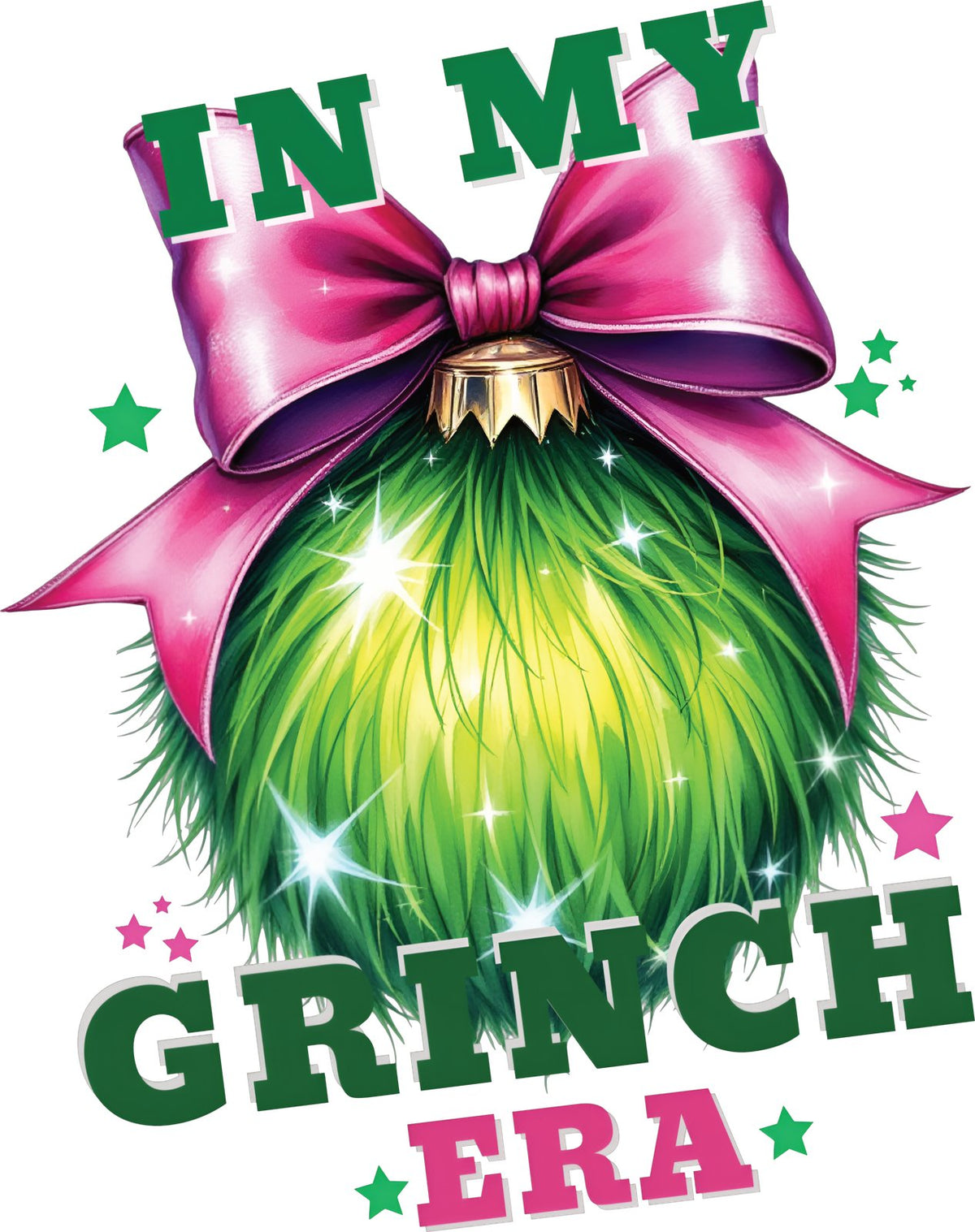 Fuzzy green ornament with a pink bow and In My Era style lettering.