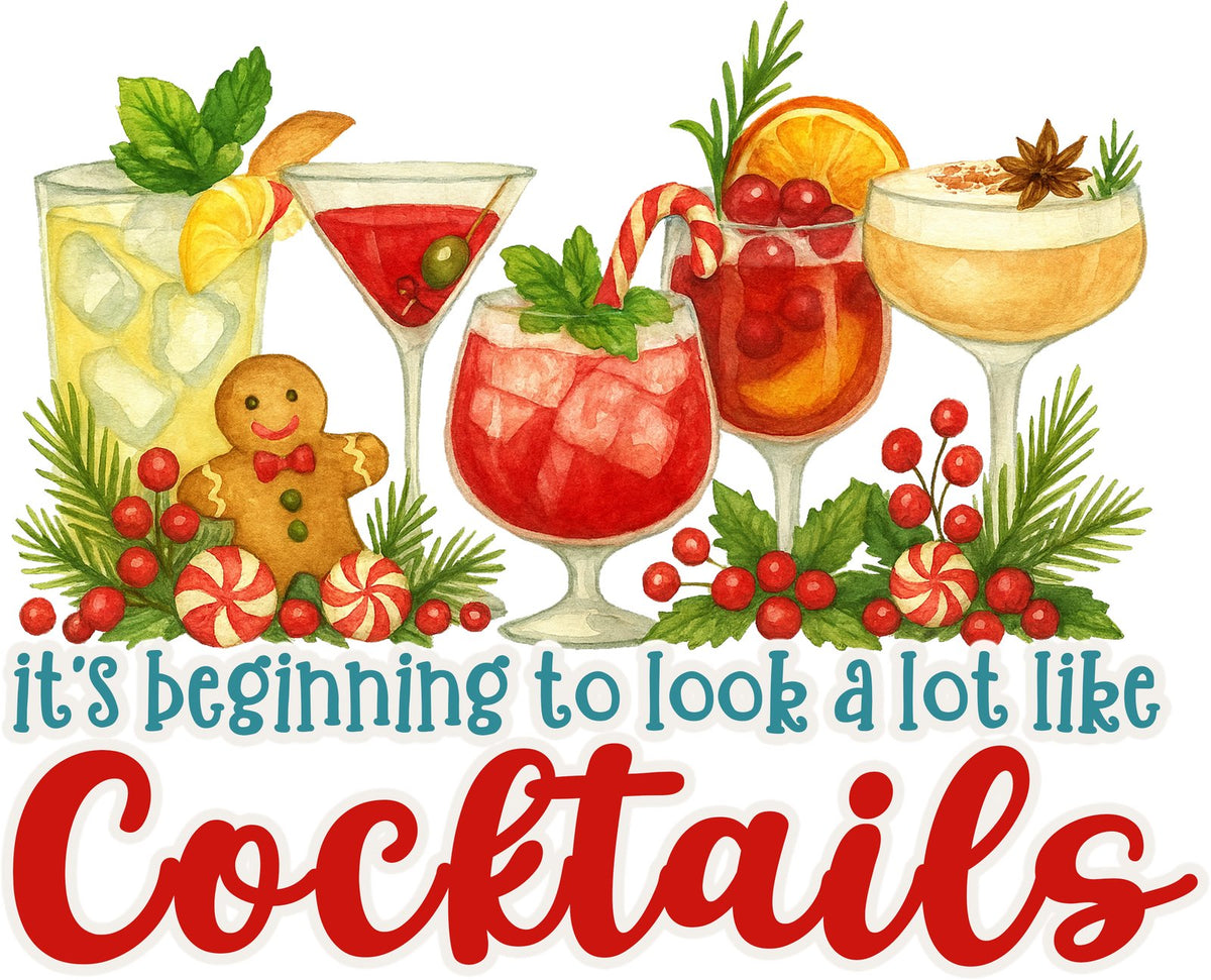 Row of holiday cocktails with a gingerbread man and It's beginning to look a lot like Cocktails lettering.