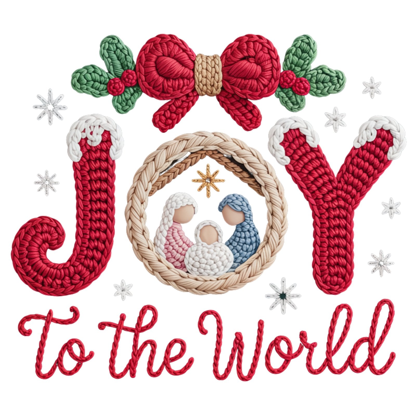 Crochet-texture Joy lettering with a nativity scene in the O and To the World script.