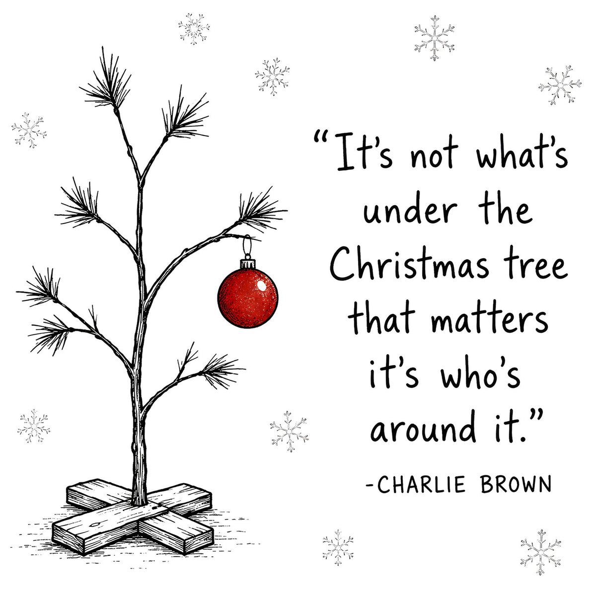 Sketch of a small bare Christmas tree with one red ornament beside a holiday quote.