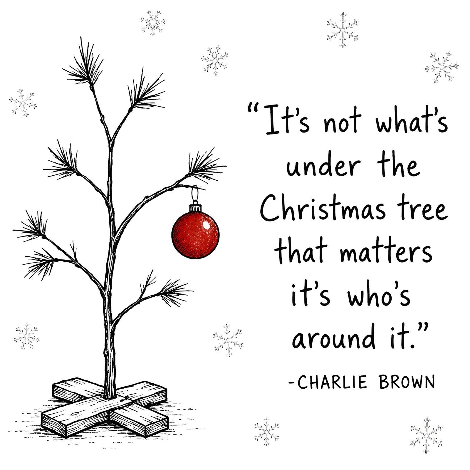 Sketch of a small bare Christmas tree with one red ornament beside a holiday quote.